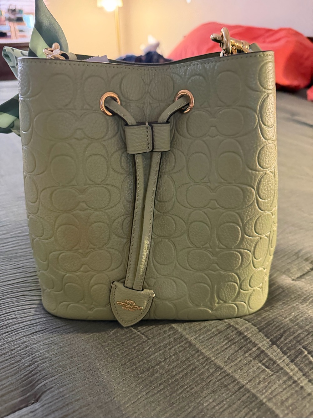 Coach Sage Green Embossed Pebbled Leather Drawstring Bucket Bag with Pouch - Picture 12 of 12